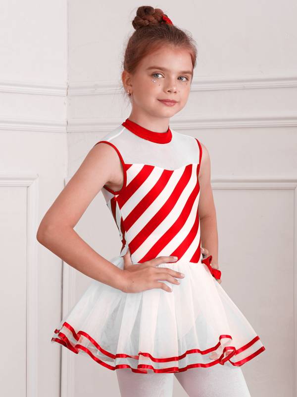 Kids Girls Christmas Sleeveless Bow Stripe Tulle Tutu Dress thumb