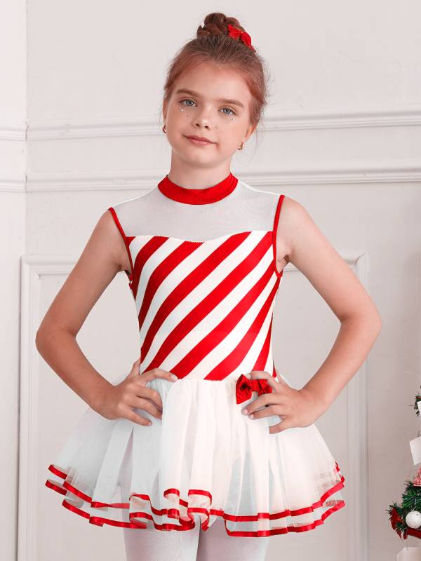 Kids Girls Christmas Sleeveless Bow Stripe Tulle Tutu Dress thumb