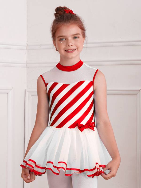 Kids Girls Christmas Sleeveless Bow Stripe Tulle Tutu Dress thumb