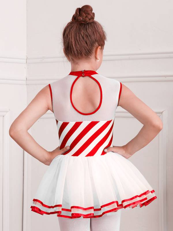 Kids Girls Christmas Sleeveless Bow Stripe Tulle Tutu Dress thumb