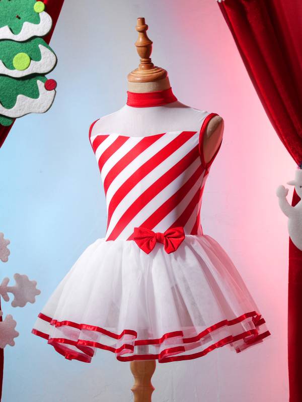 Kids Girls Christmas Sleeveless Bow Stripe Tulle Tutu Dress thumb