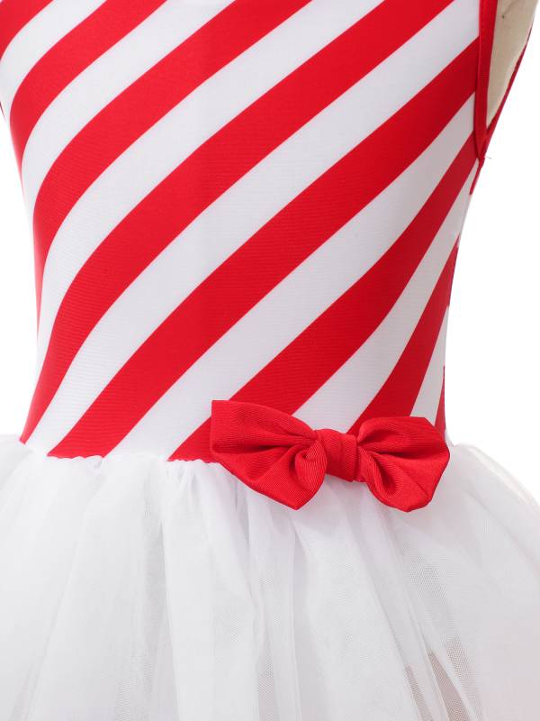 Kids Girls Christmas Sleeveless Bow Stripe Tulle Tutu Dress thumb