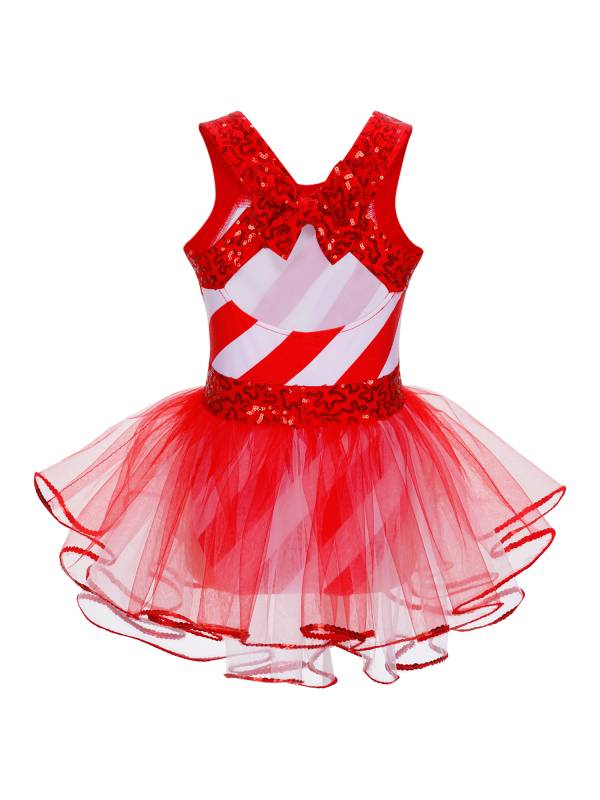 Kids Girls Christmas Sleeveless Sequins Bowknot Back Tulle Tutu Dress thumb