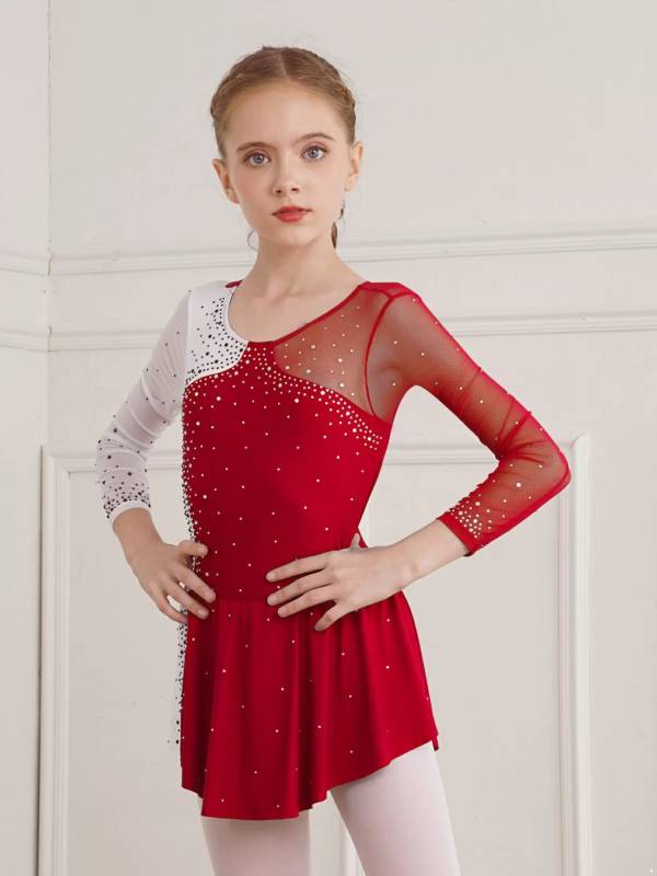 Kids Girls Shiny Rhinestone Colorblock Skating Dance Dress thumb