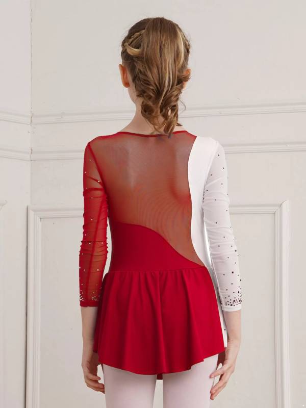 Kids Girls Shiny Rhinestone Colorblock Skating Dance Dress thumb