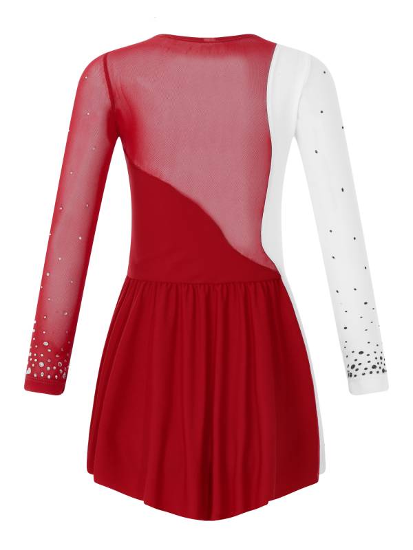 Kids Girls Shiny Rhinestone Colorblock Skating Dance Dress thumb