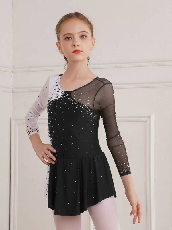 Kids Girls Shiny Rhinestone Colorblock Skating Dance Dress thumb