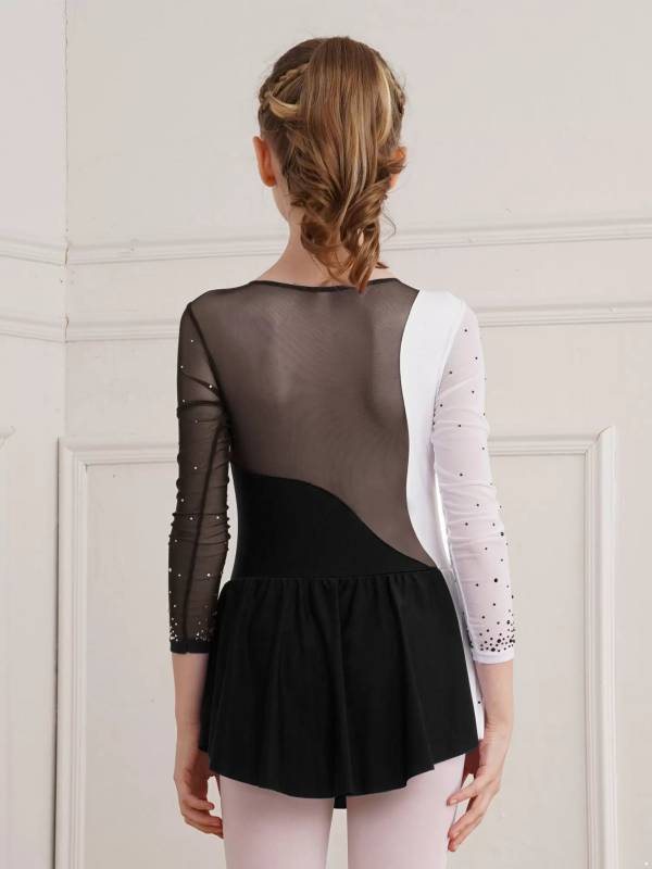 Kids Girls Shiny Rhinestone Colorblock Skating Dance Dress thumb