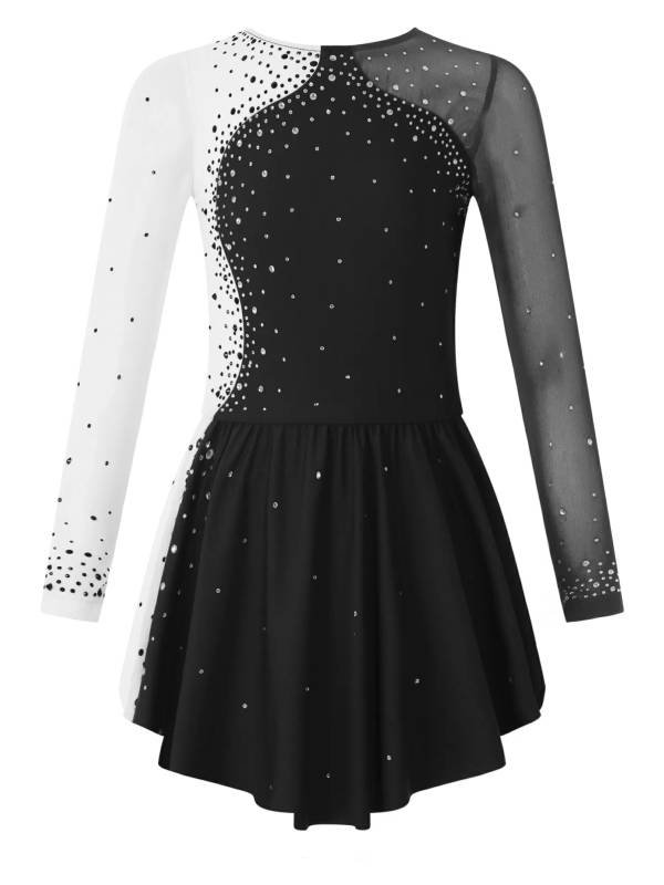 Kids Girls Shiny Rhinestone Colorblock Skating Dance Dress thumb