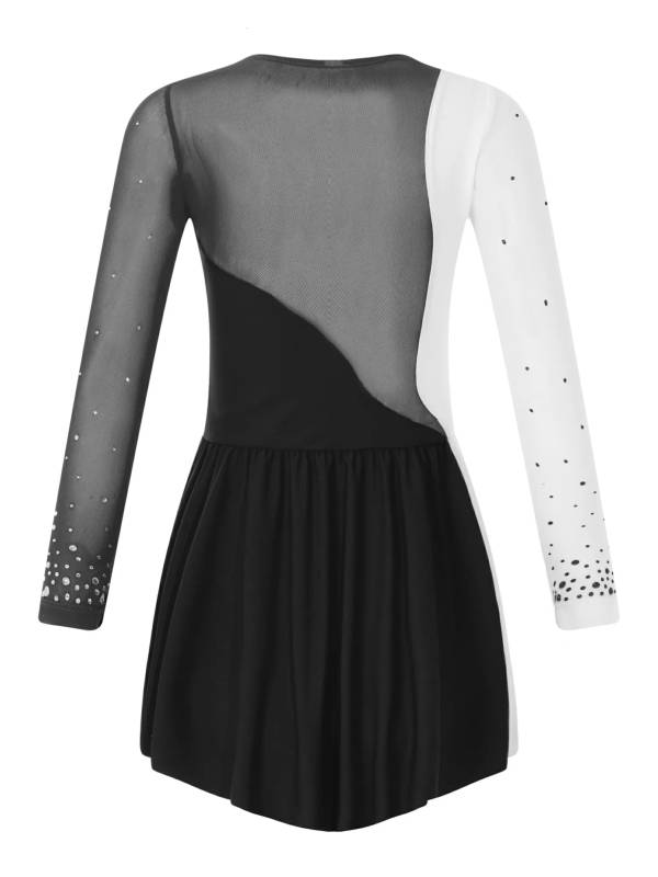 Kids Girls Shiny Rhinestone Colorblock Skating Dance Dress thumb