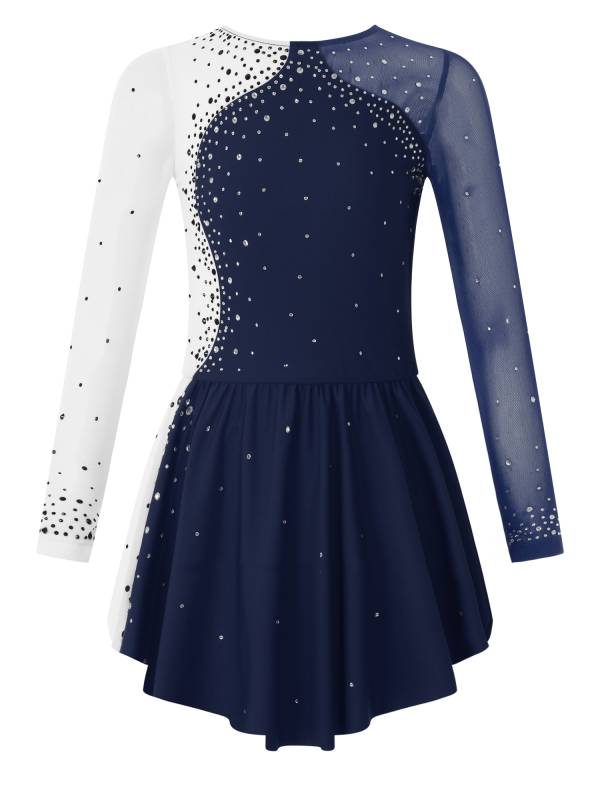 Kids Girls Shiny Rhinestone Colorblock Skating Dance Dress thumb