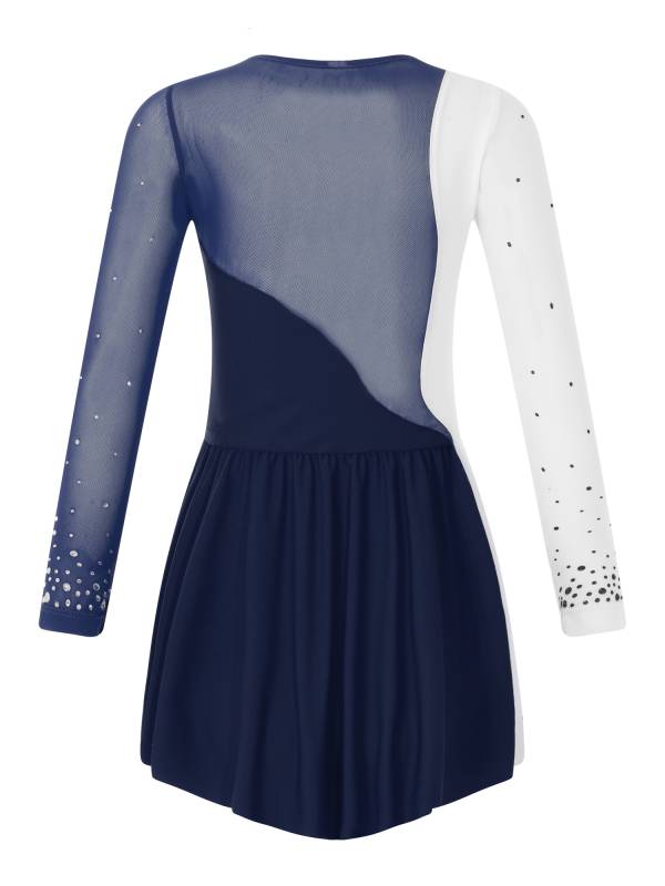 Kids Girls Shiny Rhinestone Colorblock Skating Dance Dress thumb