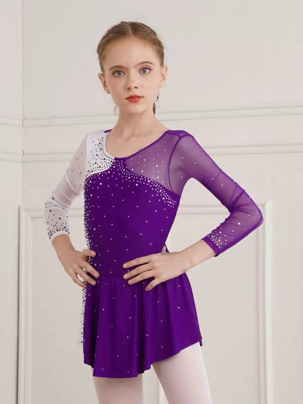 Kids Girls Shiny Rhinestone Colorblock Skating Dance Dress thumb
