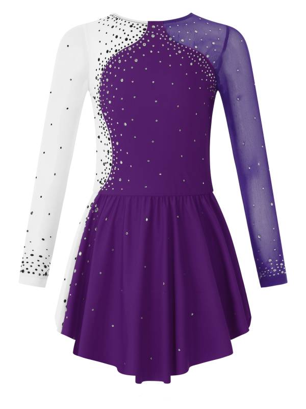 Kids Girls Shiny Rhinestone Colorblock Skating Dance Dress thumb