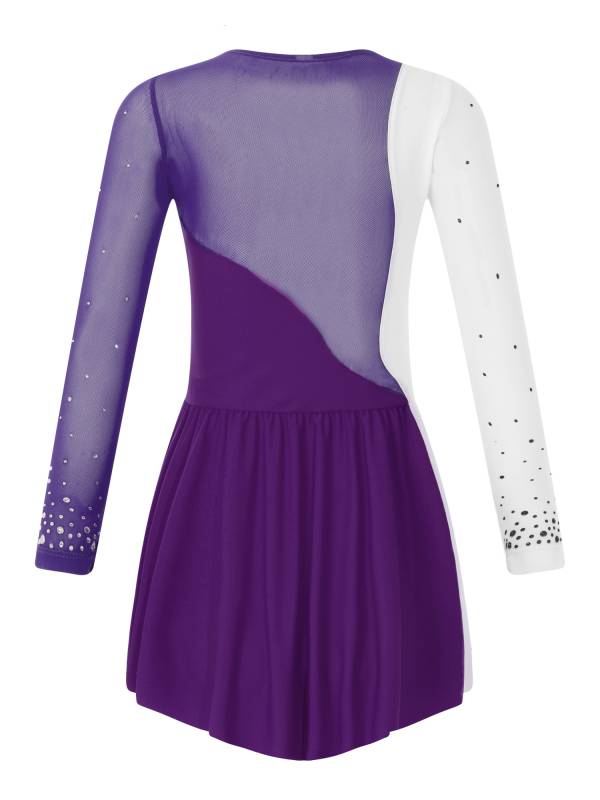 Kids Girls Shiny Rhinestone Colorblock Skating Dance Dress thumb