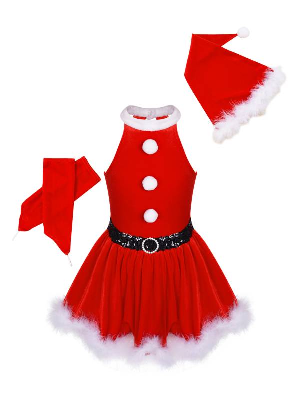 Kids Girls Christmas Sleeveless Velvet A-line Dress with Santa Hat and Gloves thumb