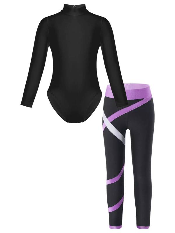 Kids Girls Long Sleeve Leotard with Leggings Sport Sets thumb