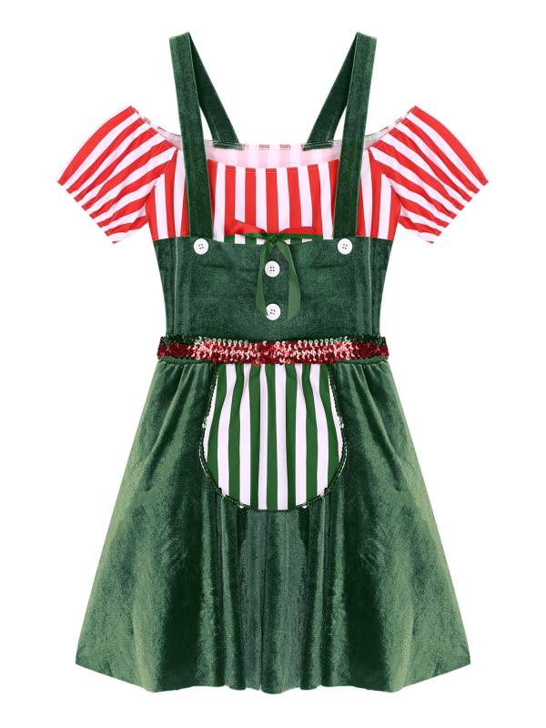 Women Short Sleeve Stripe Velvet Off the Shoulder Christmas Costume Dress thumb