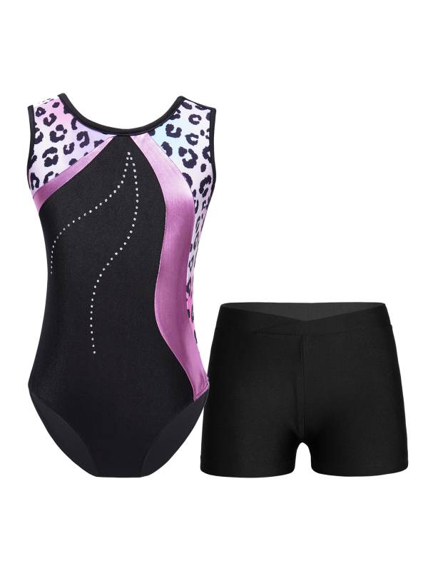 Kids Girls 2pcs Sleeveless Gymnastics Leotard with Shorts Set thumb