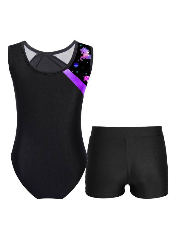Kids Girls 2pcs Sleeveless Gymnastics Leotard with Shorts Set thumb