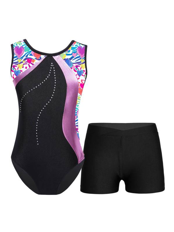 Kids Girls 2pcs Sleeveless Gymnastics Leotard with Shorts Set thumb