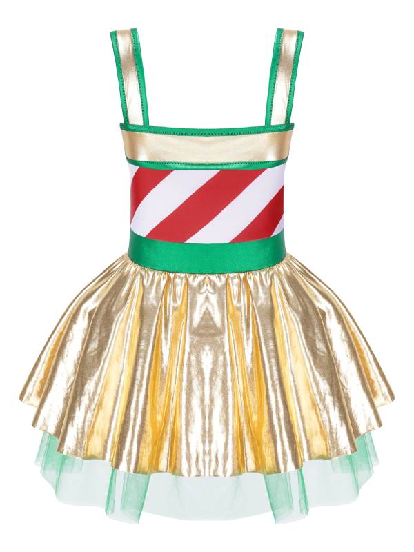 Kids Girls Christmas Sleeveless Striped Bow Metallic Ruffle Skirt Romper thumb