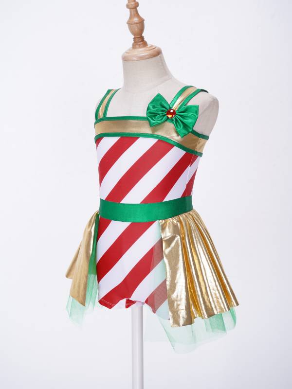 Kids Girls Christmas Sleeveless Striped Bow Metallic Ruffle Skirt Romper thumb