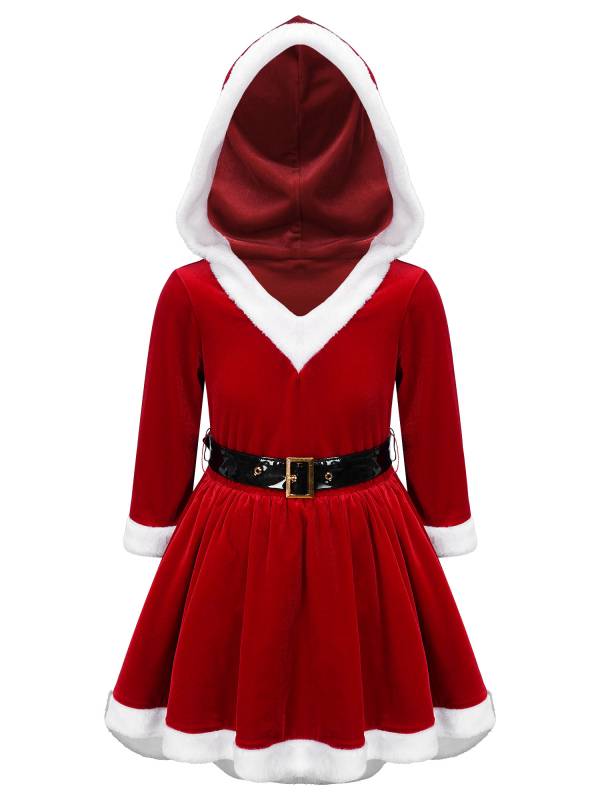 Kids Girls Christmas Long Sleeve Hooded Velvet Dress with Belt thumb