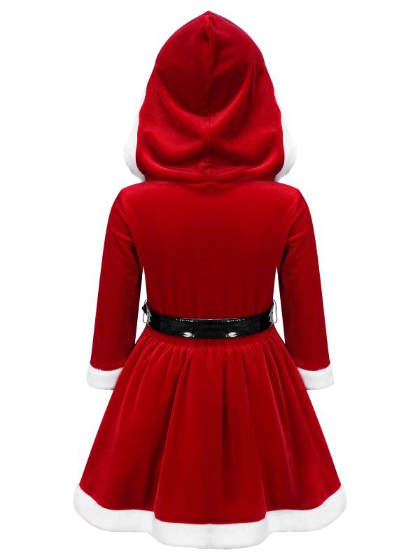 Kids Girls Christmas Long Sleeve Hooded Velvet Dress with Belt thumb