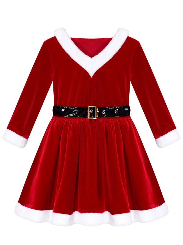 Kids Girls Christmas Long Sleeve Hooded Velvet Dress with Belt thumb