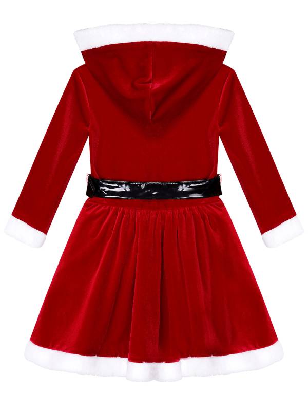 Kids Girls Christmas Long Sleeve Hooded Velvet Dress with Belt thumb