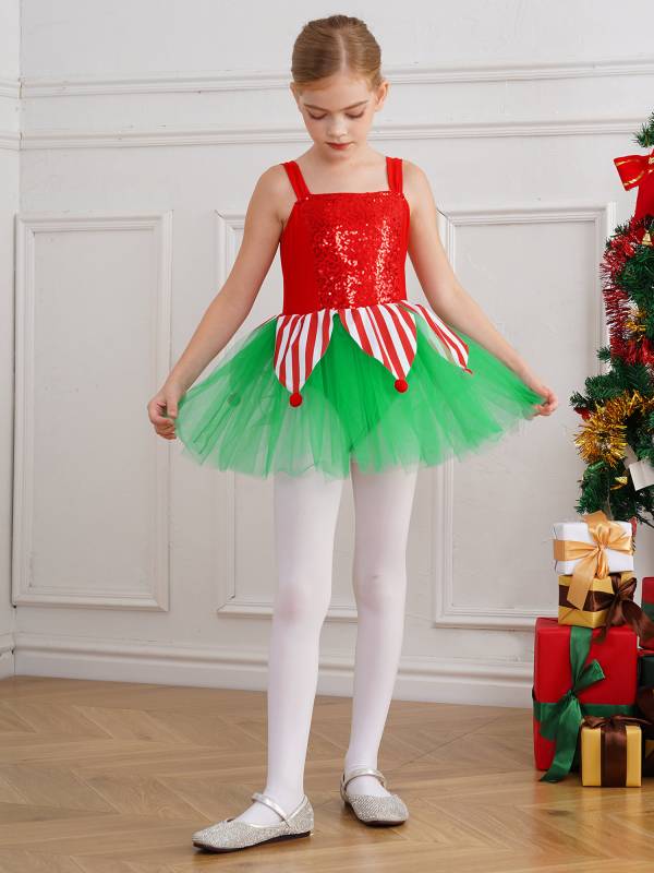 Kids Girls Christmas Sleeveless Jagged Pompoms Tulle Tutu Dress for Dance thumb