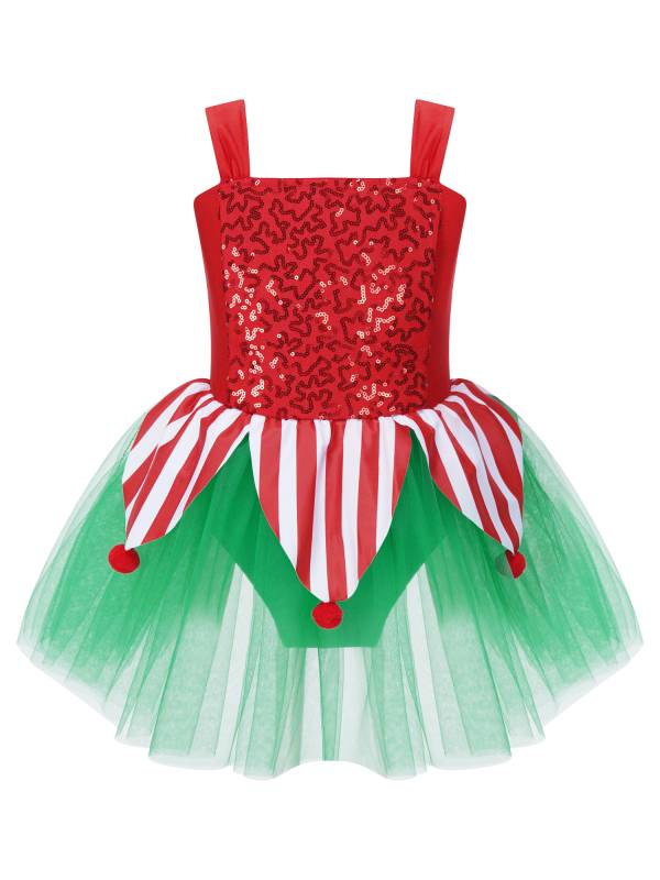 Kids Girls Christmas Sleeveless Jagged Pompoms Tulle Tutu Dress for Dance thumb