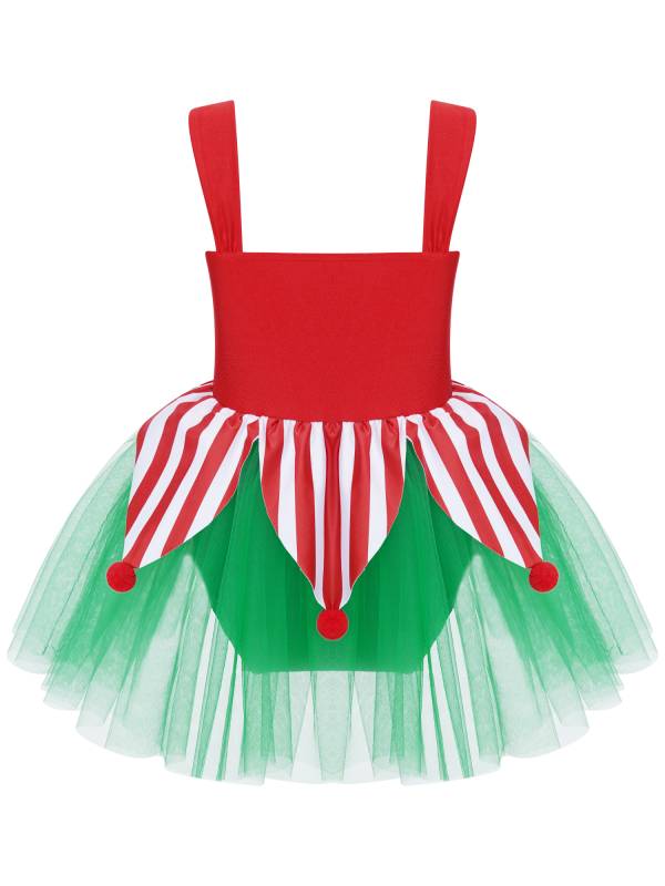 Kids Girls Christmas Sleeveless Jagged Pompoms Tulle Tutu Dress for Dance thumb