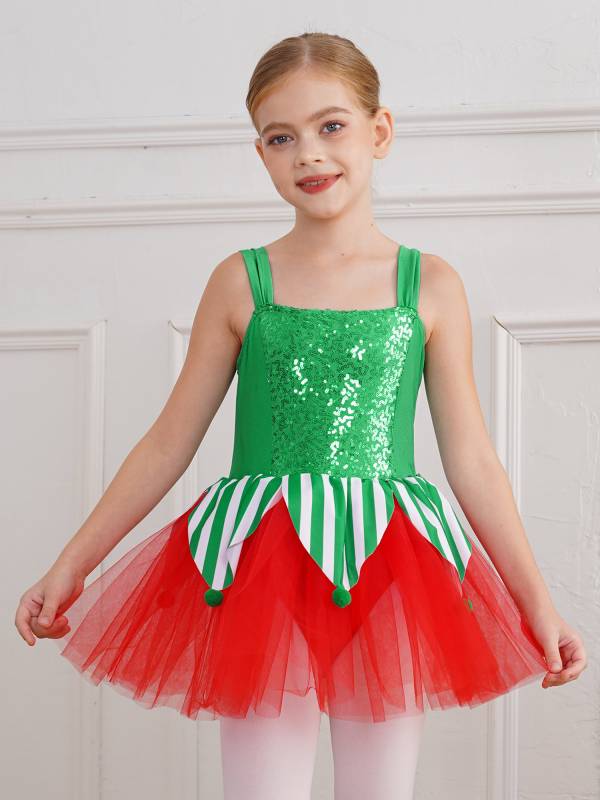 Kids Girls Christmas Sleeveless Jagged Pompoms Tulle Tutu Dress for Dance thumb