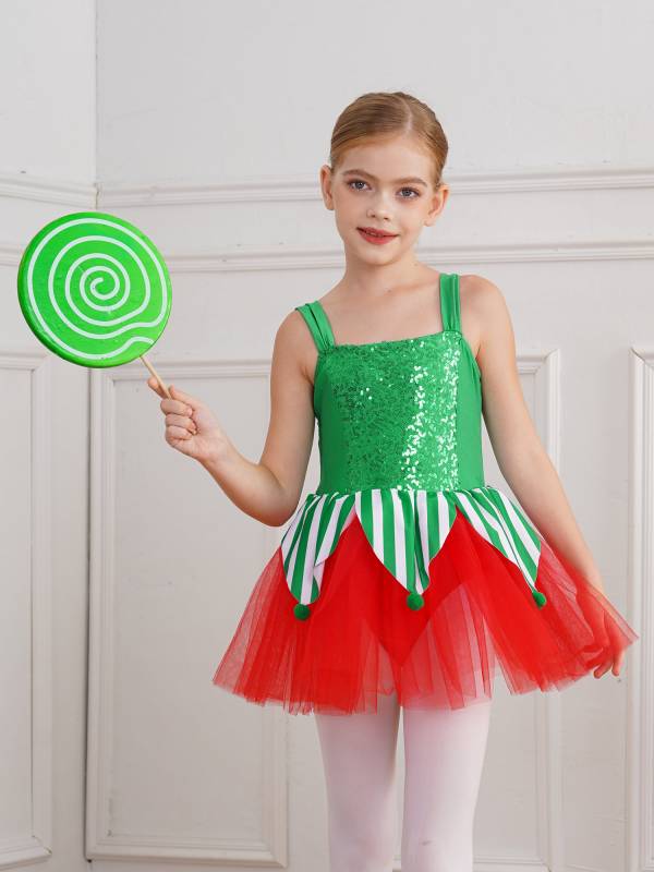 Kids Girls Christmas Sleeveless Jagged Pompoms Tulle Tutu Dress for Dance thumb