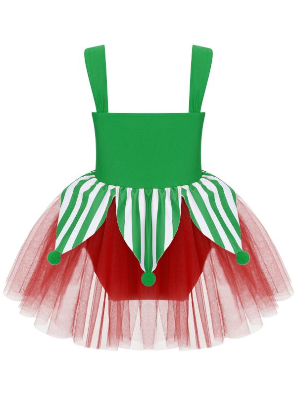 Kids Girls Christmas Sleeveless Jagged Pompoms Tulle Tutu Dress for Dance thumb
