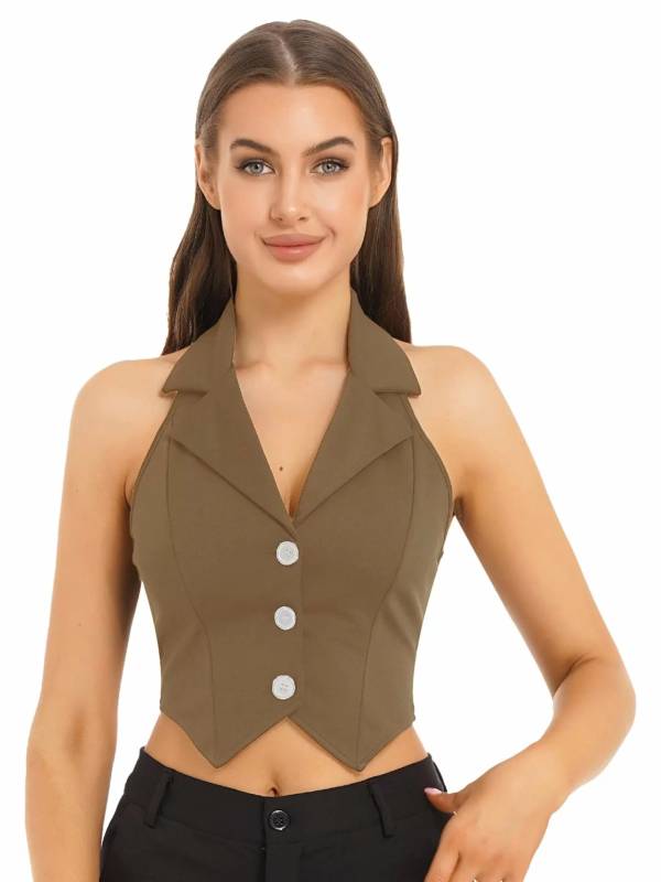Women Halter Backless Front Button Vest Top thumb