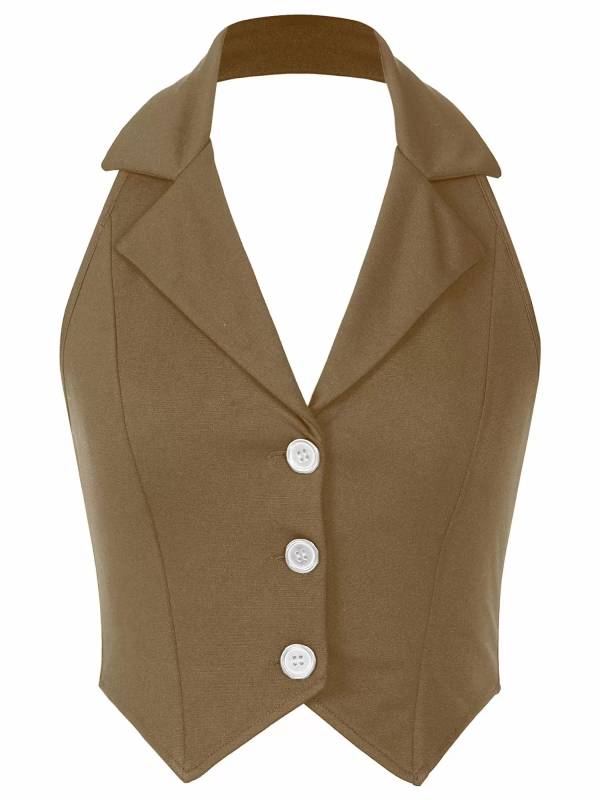Women Halter Backless Front Button Vest Top thumb