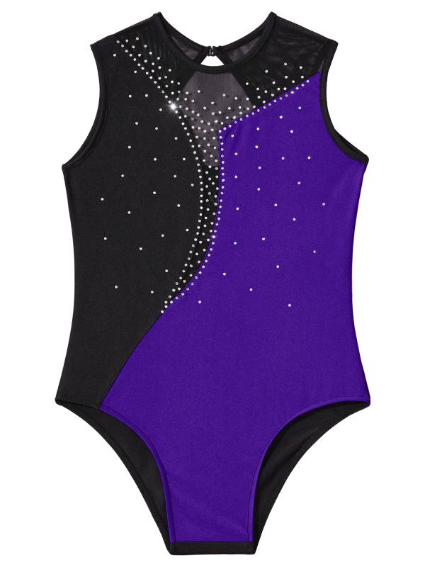 Kids Girls Sleeveless Shiny Rhinestone Skating Dance Leotard thumb