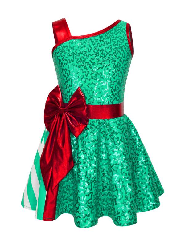 Kids Girls Sequin Christmas Asymmetrical Shoulder Big Bow Stripe Leotard Dress thumb