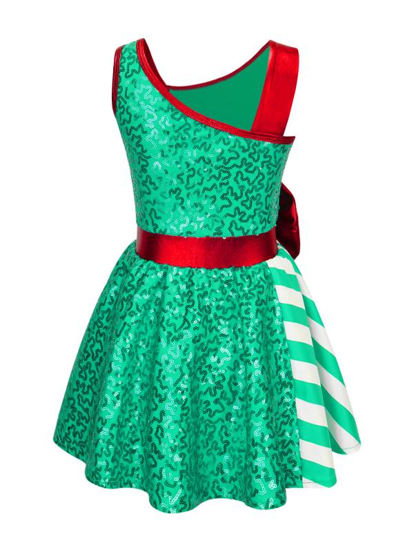 Kids Girls Sequin Christmas Asymmetrical Shoulder Big Bow Stripe Leotard Dress thumb