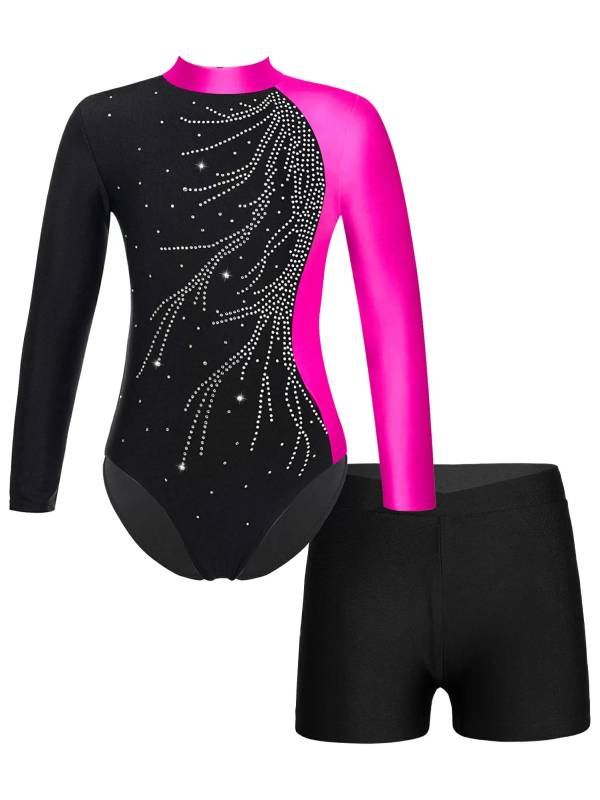 Kids Girls 2Pcs Long Sleeve Skating Leotard and Shorts Set thumb