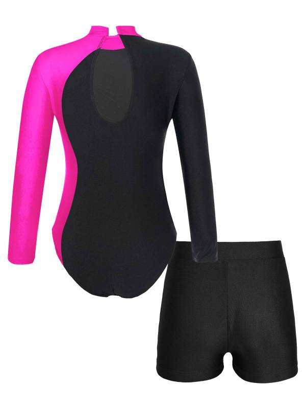 Kids Girls 2Pcs Long Sleeve Skating Leotard and Shorts Set thumb
