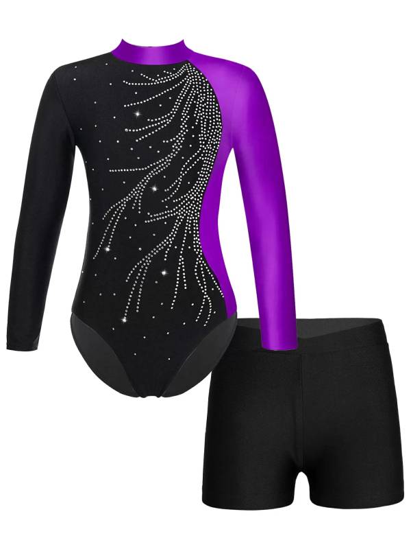 Kids Girls 2Pcs Long Sleeve Skating Leotard and Shorts Set thumb