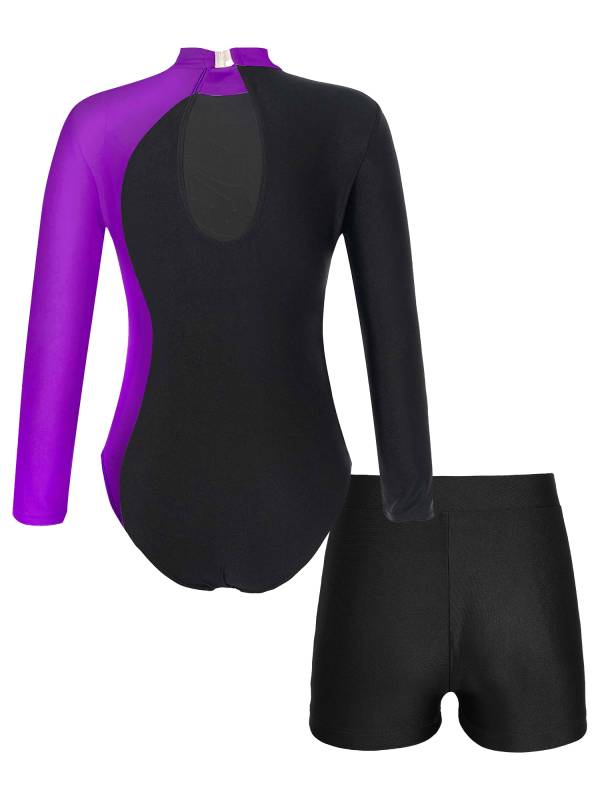 Kids Girls 2Pcs Long Sleeve Skating Leotard and Shorts Set thumb