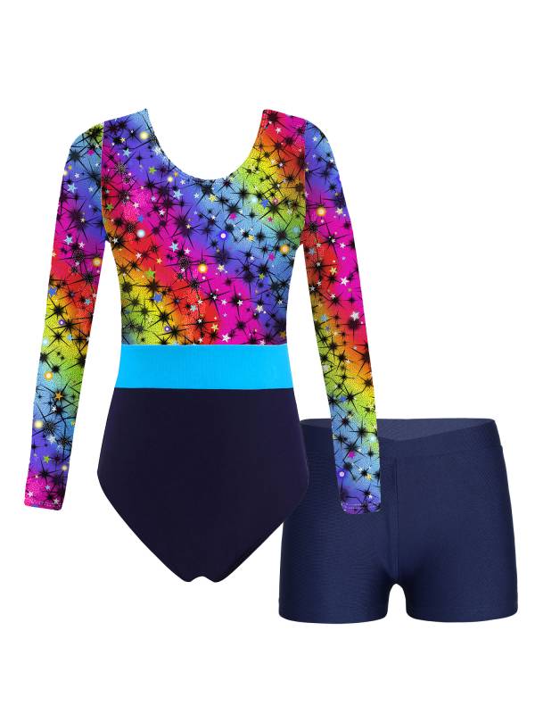 Girls 2pcs Long Sleeve Round Neck Leotard and Shorts Gymnastics Set thumb