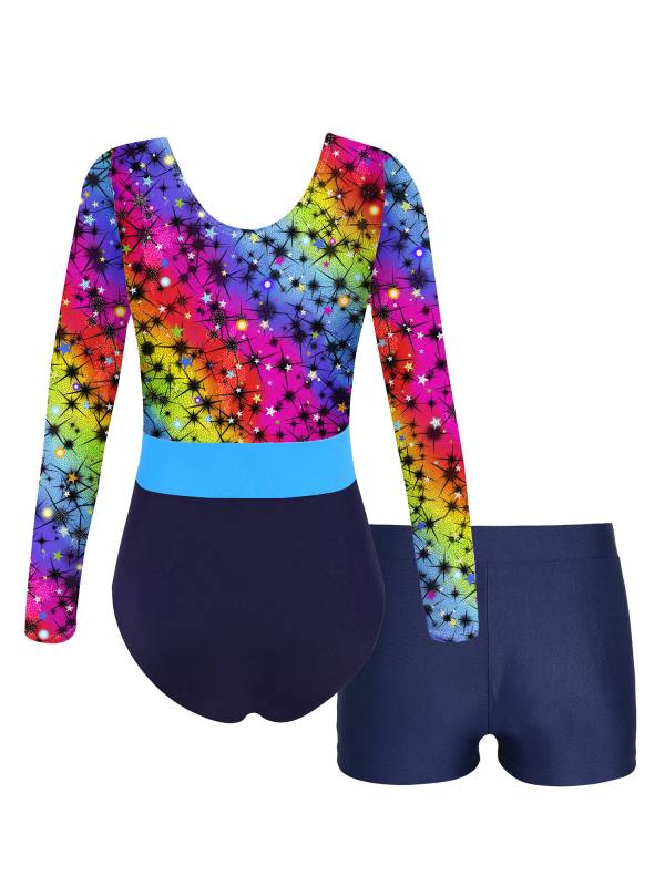 Girls 2pcs Long Sleeve Round Neck Leotard and Shorts Gymnastics Set thumb