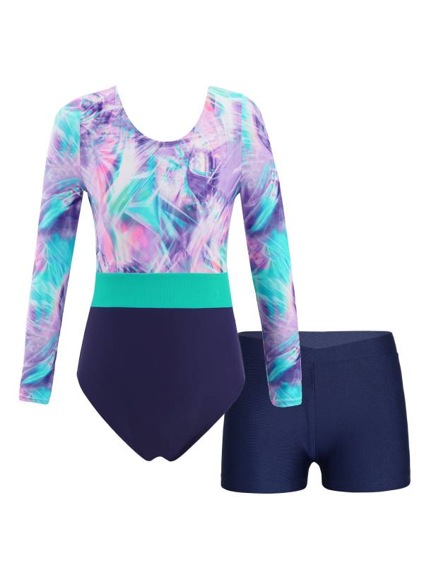 Girls 2pcs Long Sleeve Round Neck Leotard and Shorts Gymnastics Set thumb