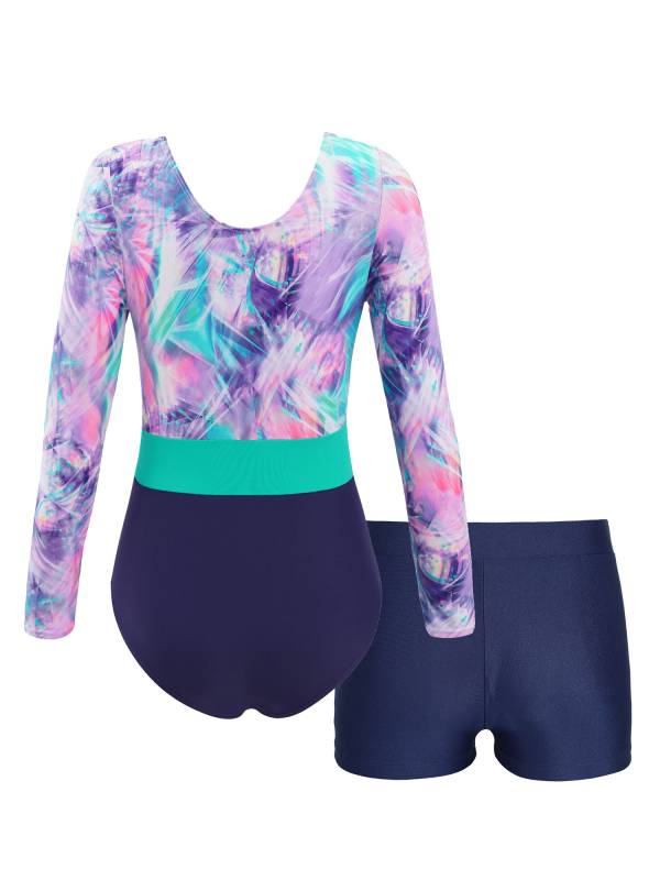 Girls 2pcs Long Sleeve Round Neck Leotard and Shorts Gymnastics Set thumb